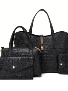 4 Pieces Handbag Wallet Crossbody Purse Bag Set Black Crocodile Embossed Tote